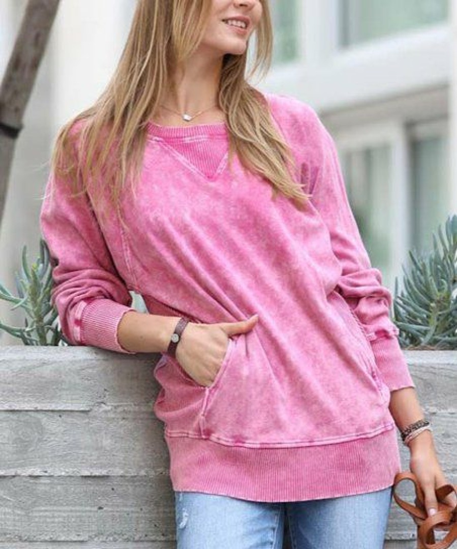 Women * | Wholesale 42Pops Ash Pink Acid Wash Boatneck Pocket Sweatshirt Women