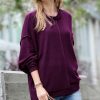 Women * | Buy 42Pops Dark Plum Brushed Waffle Exposed-Seam Oversize Sweater Women