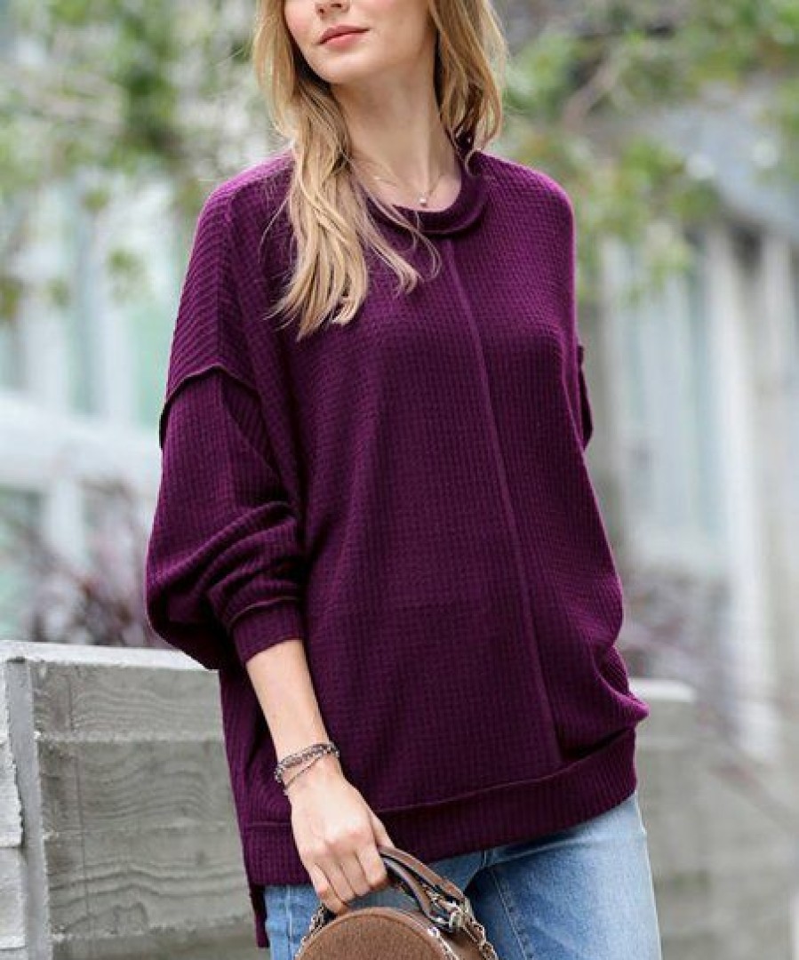 Women * | Buy 42Pops Dark Plum Brushed Waffle Exposed-Seam Oversize Sweater Women