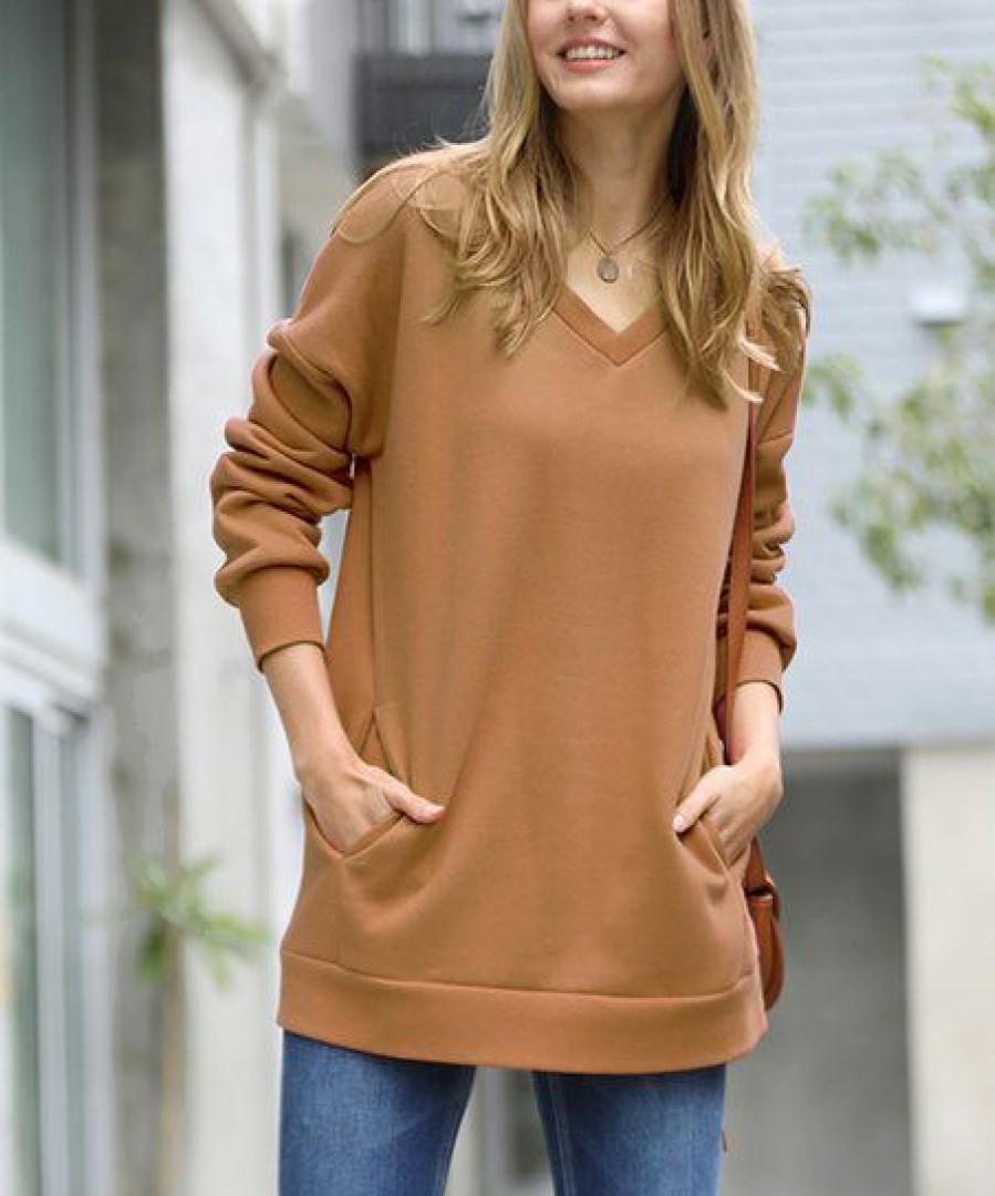 Women * | Best Sale 42Pops Deep Camel V-Neck Long-Sleeve Pocket Sweatshirt Women