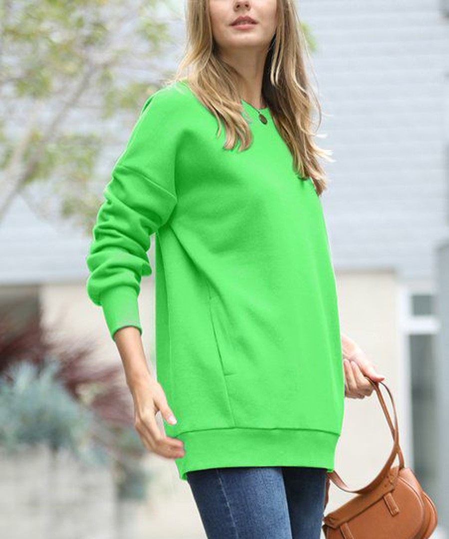 Women * | Top 10 42Pops Bright Green Crewneck Long-Sleeve Pocket Sweatshirt Women