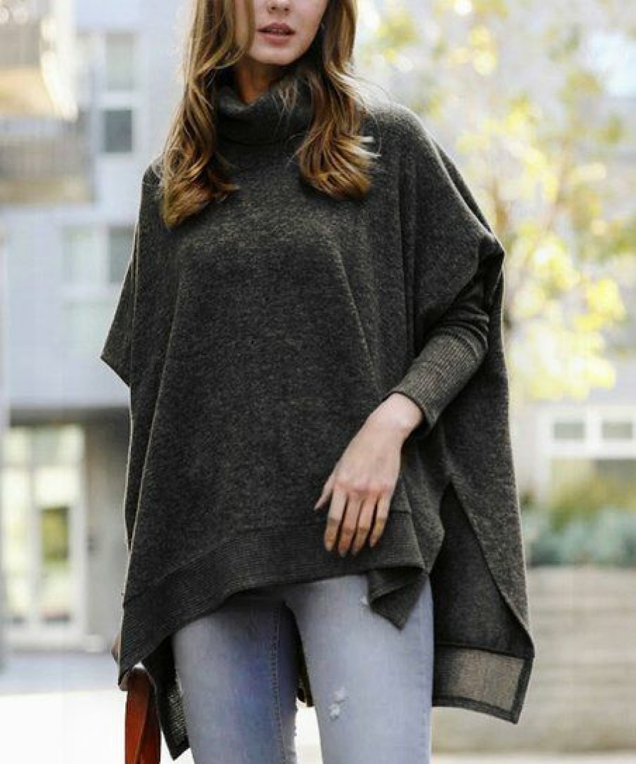 Women * | Best Pirce 42Pops Black Oversize Cowl Neck Hi-Low Poncho Sweater Women