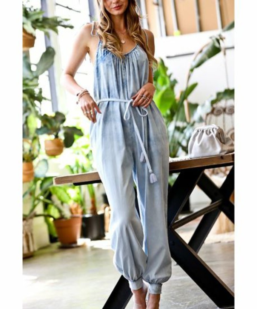 Women * | Top 10 42Pops Light Denim Blue Washed-Out Sleeveless Waist-Tie Jogger Jumpsuit Women