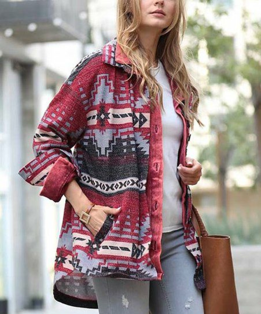 Women * | Coupon 42Pops Burgundy Geometric Pocket Shacket Women