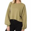 Other * | Buy 42Pops Khaki Crewneck Puff-Sleeve Crop Sweatshirt Women