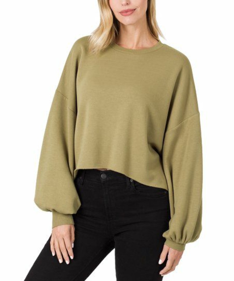 Other * | Buy 42Pops Khaki Crewneck Puff-Sleeve Crop Sweatshirt Women