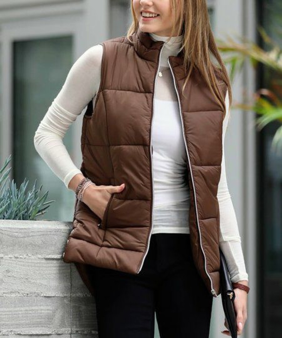 Women * | Discount 42Pops Mocha Hi-Low Pocket Puffer Vest Women