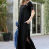 Women * | Cheap 42Pops Black Side-Slit V-Neck Short-Sleeve Pocket Maxi Dress Women