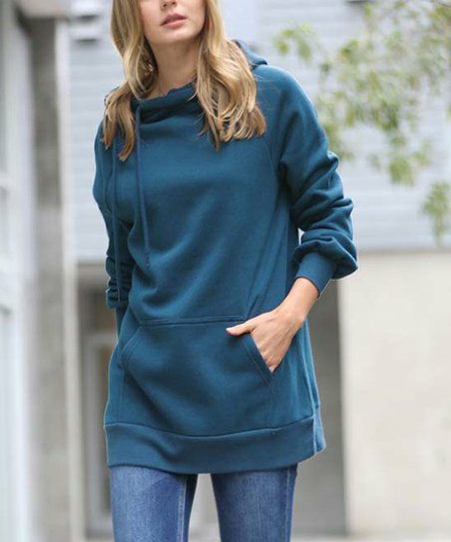 Women * | Top 10 42Pops Teal Side-Tie Longline Hoodie Women