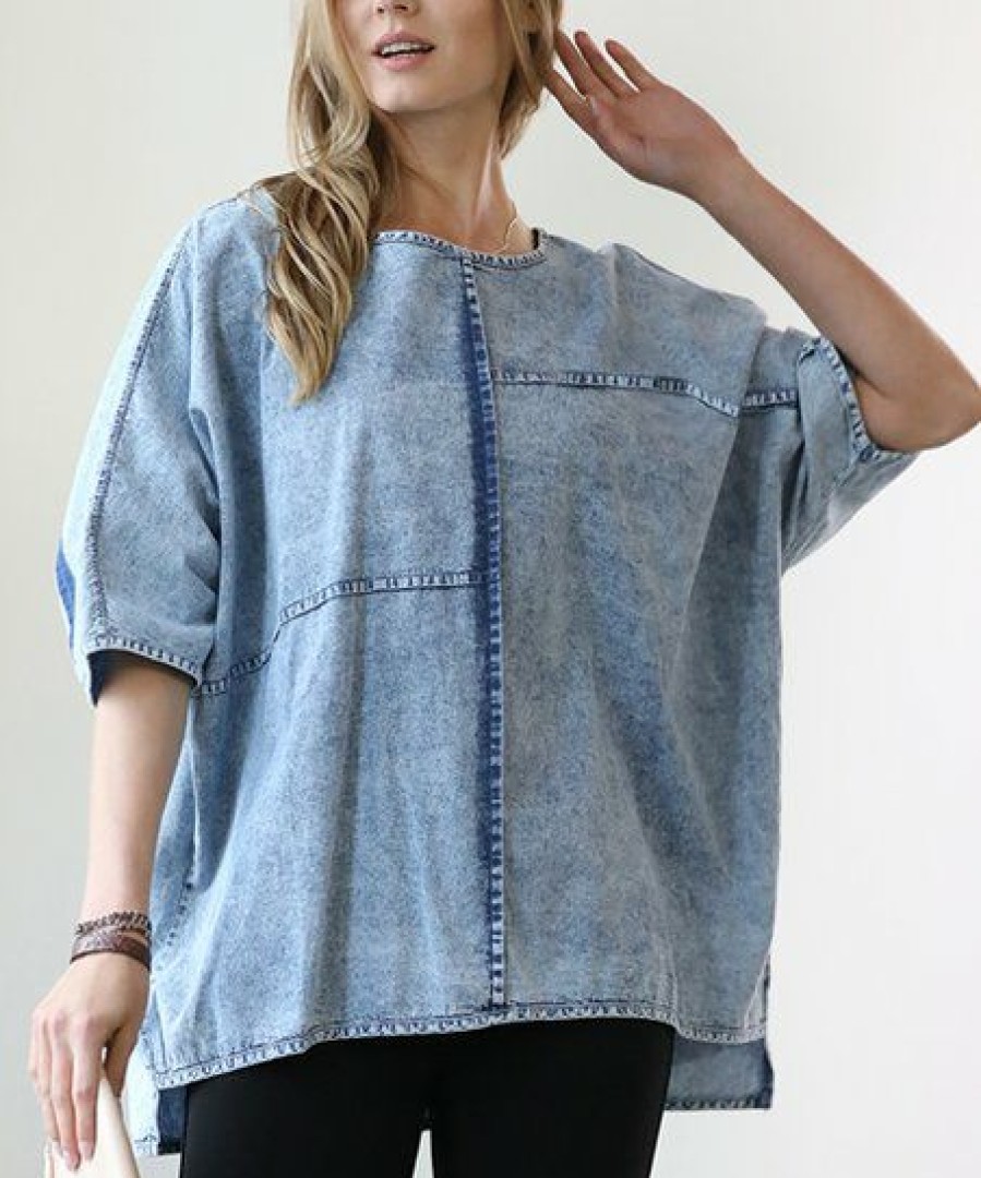 Women * | Top 10 42Pops Medium Blue Chambray Oversize Short-Sleeve Hi-Low Top Women