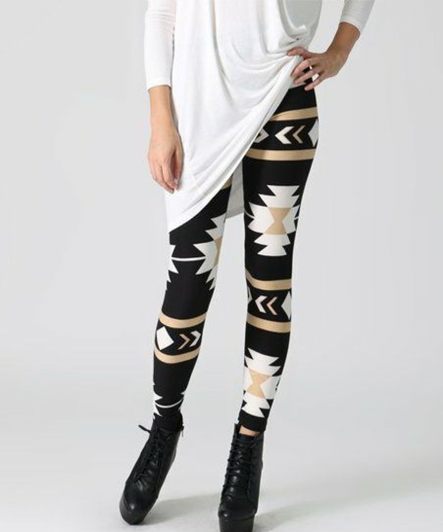 Women * | New 42Pops Black & Gold Geometric Leggings Women