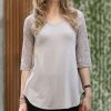 Women * | Budget 42Pops Ash Mocha Lace Three-Quarter Sleeve V-Neck Raglan Top Women