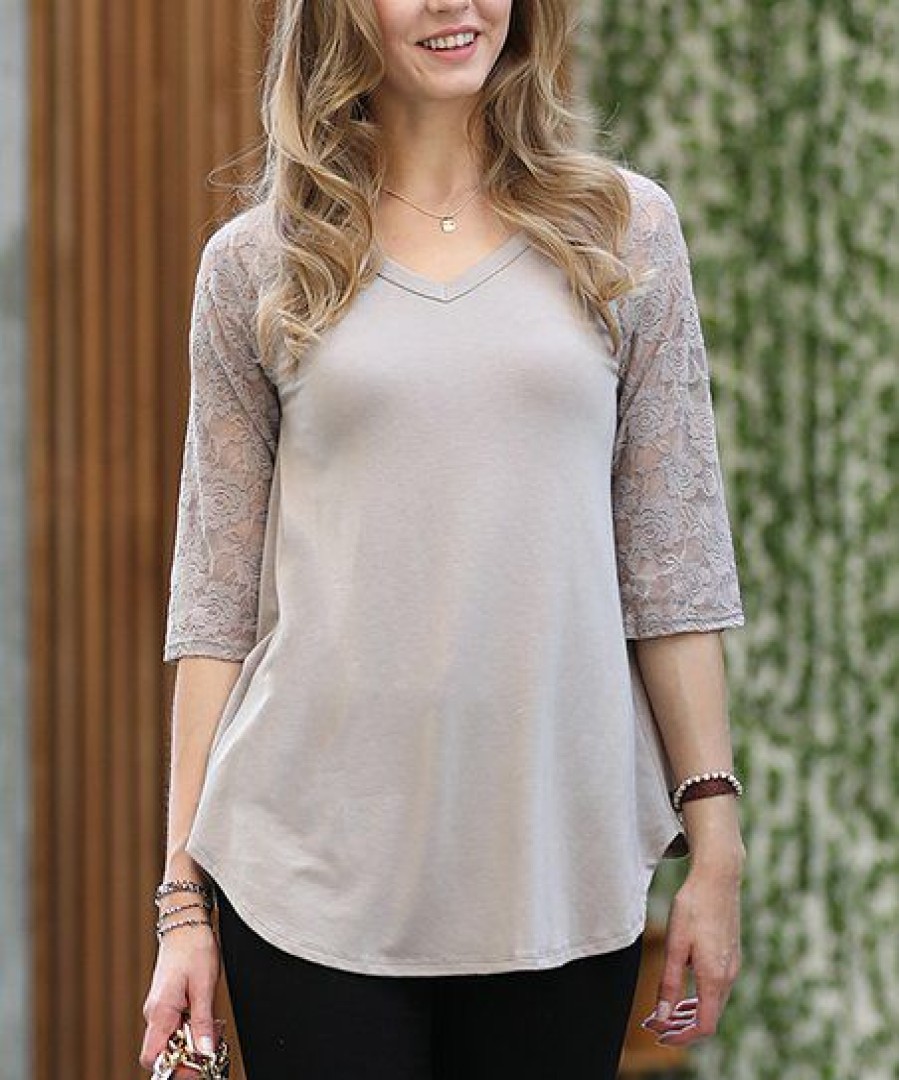 Women * | Budget 42Pops Ash Mocha Lace Three-Quarter Sleeve V-Neck Raglan Top Women