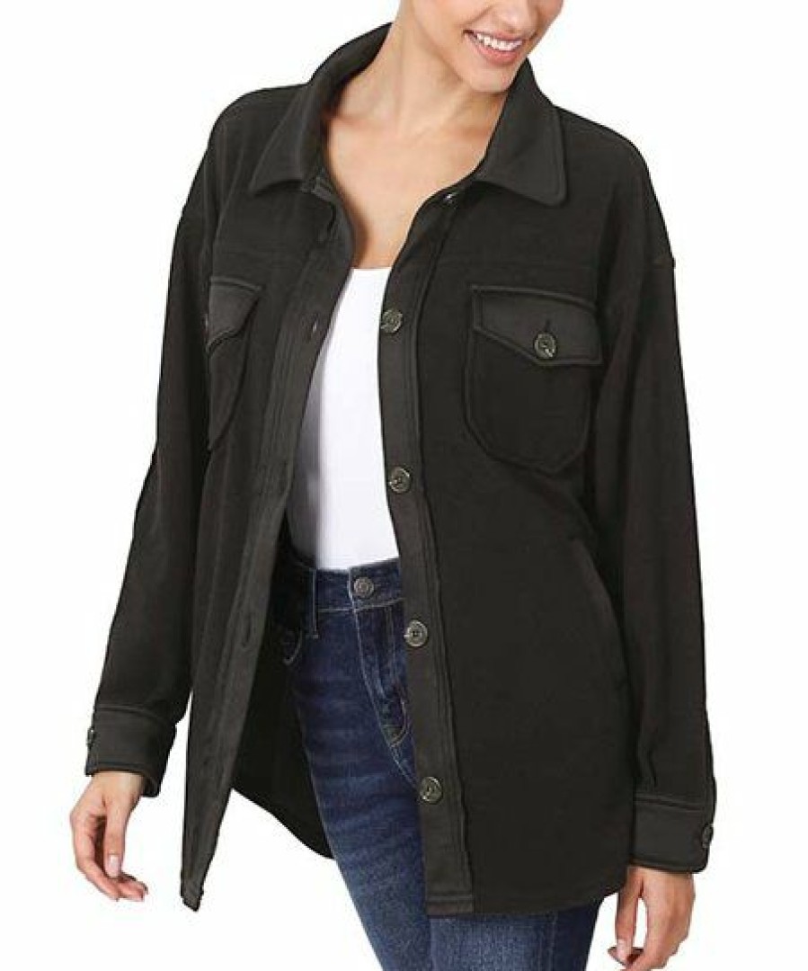 Women * | New 42Pops Black Pocket Oversize Shacket Women