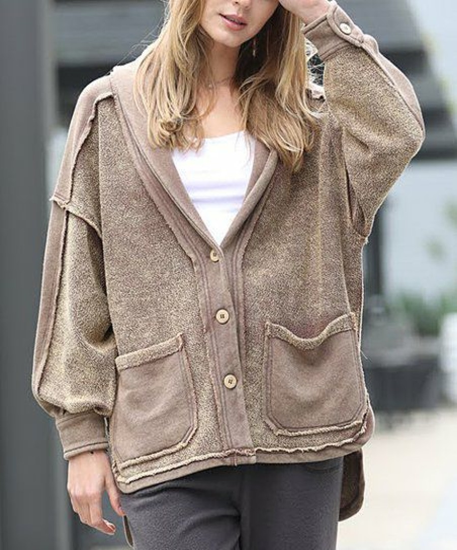 Women * | Wholesale 42Pops Mocha Button-Up Drop-Shoulder Long-Sleeve Hi-Low Pocket Jacket Women