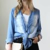 Women * | Wholesale 42Pops Medium Blue Chambray Frayed-Hem Button-Up Women