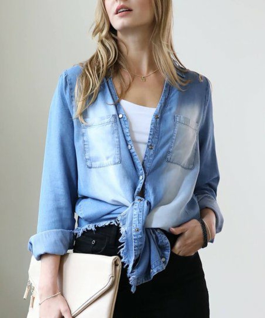 Women * | Wholesale 42Pops Medium Blue Chambray Frayed-Hem Button-Up Women