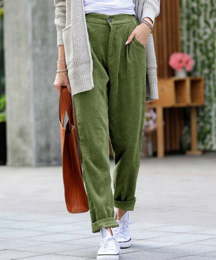 Women * | Outlet 42Pops Light Olive Corduroy Pocket High-Waist Pants Women