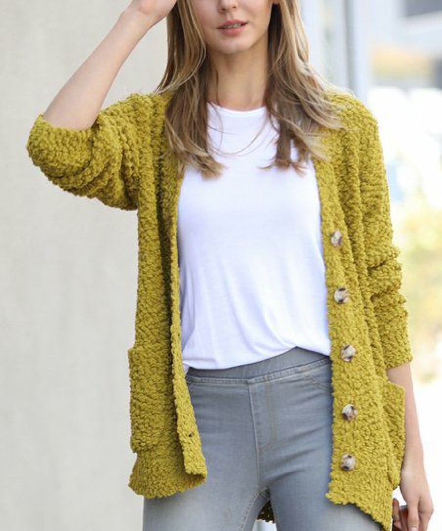 Women * | Flash Sale 42Pops Olive Mustard Popcorn Button-Up Pocket Cardigan Women