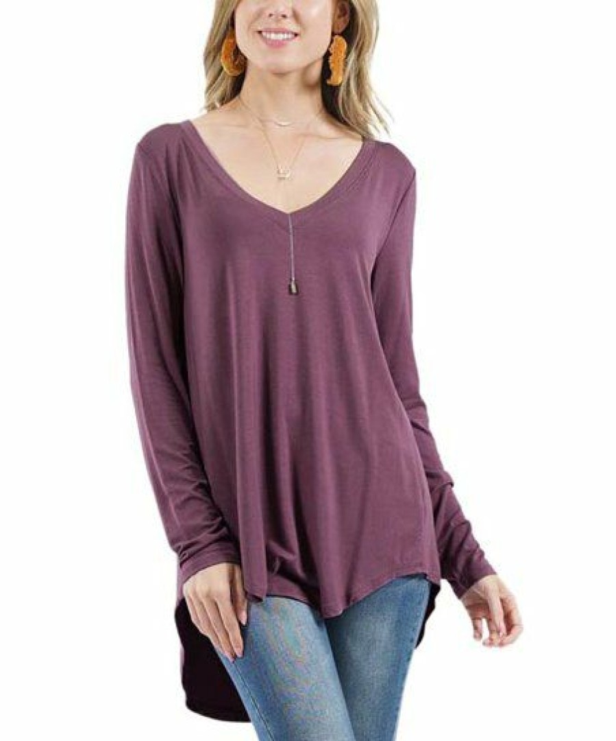 Other * | Budget 42Pops Eggplant V-Neck Long-Sleeve Dolphin-Hem Top Women