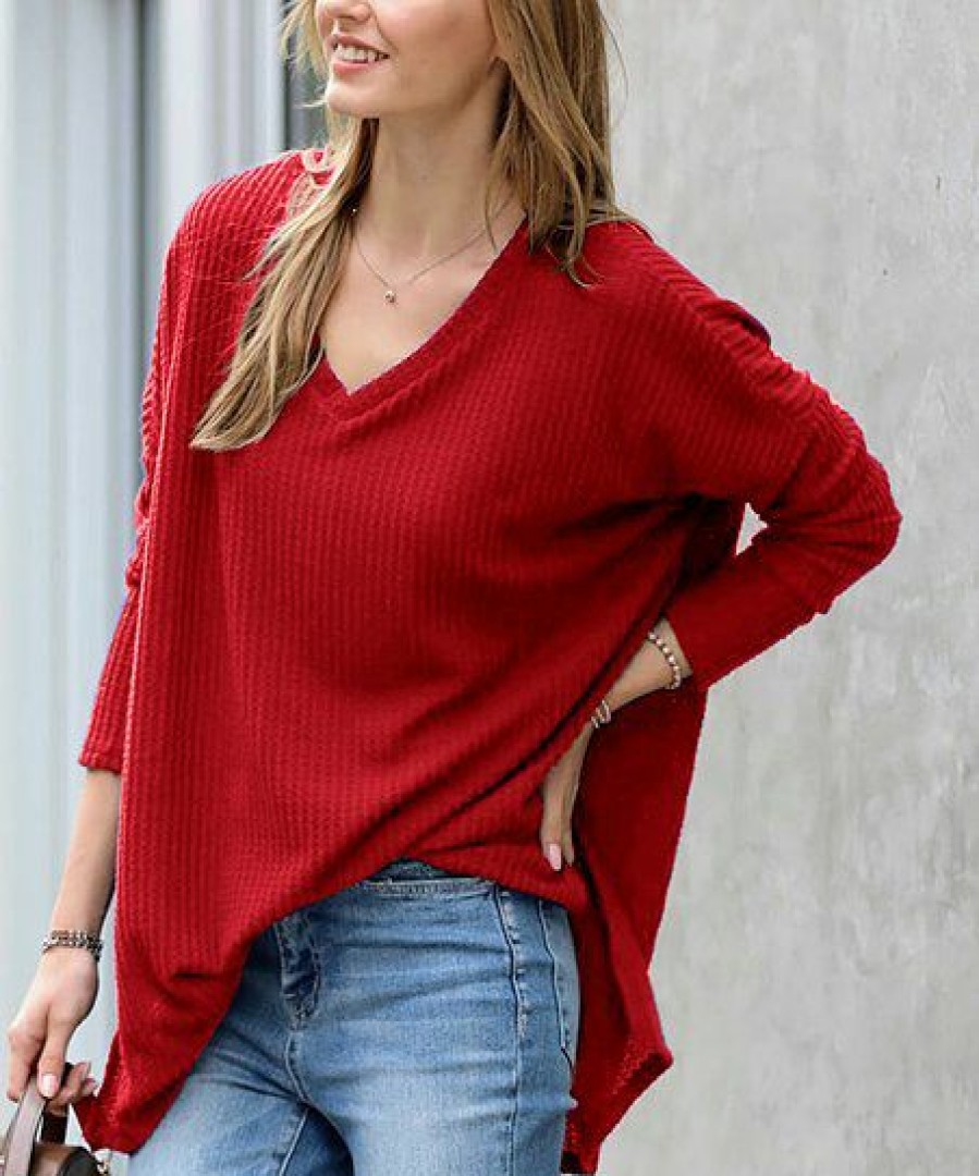 Women * | Cheapest 42Pops Ruby Thermal Waffle V-Neck Hi-Low Sweater Women