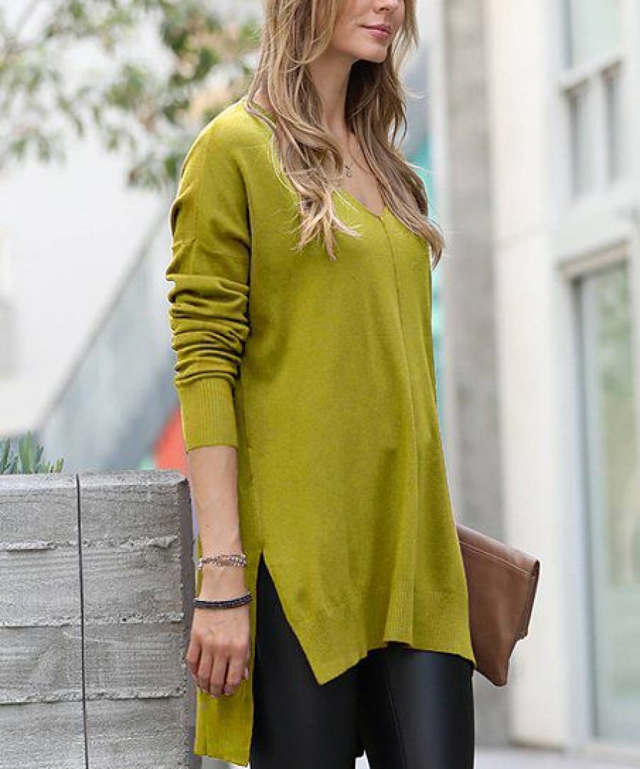 Women * | Buy 42Pops Olive Mustard Front-Seam Side-Slit V-Neck Hi-Low Sweater Women