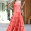 Women * | Budget 42Pops Deep Coral Smocked Tiered Cami Maxi Dress Women