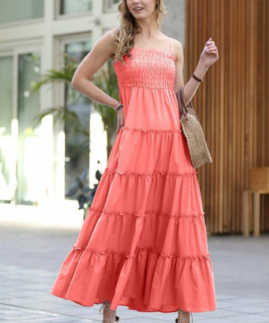 Women * | Budget 42Pops Deep Coral Smocked Tiered Cami Maxi Dress Women