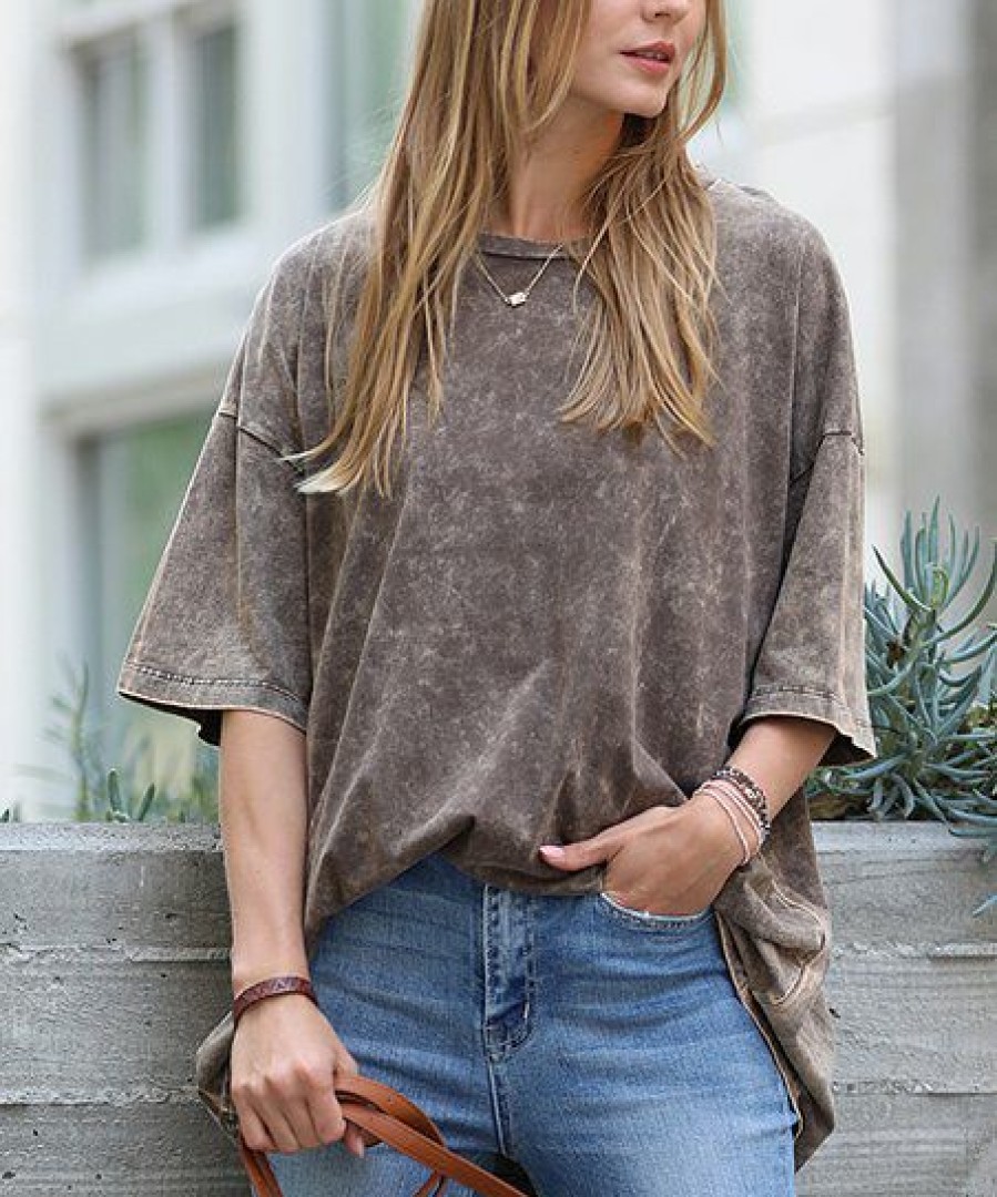 Other * | Promo 42Pops Rust Brown Wash Oversize Crewneck Drop-Shoulder Tee Women