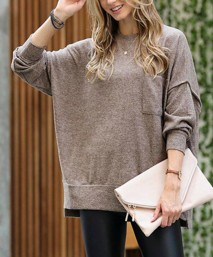 Women * | Buy 42Pops Mocha Melange Oversize V-Neck Pocket Sweater Women