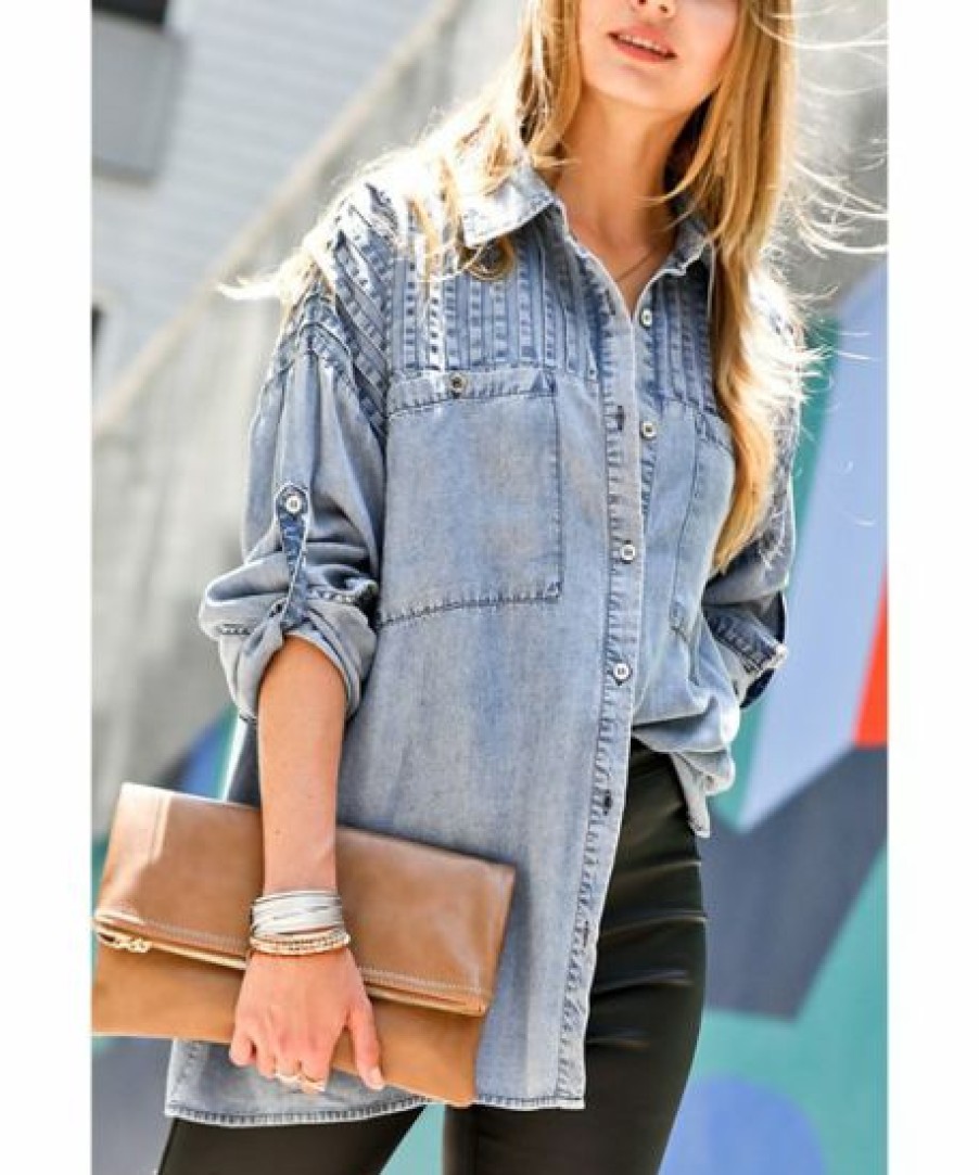 Women * | Deals 42Pops Light Denim Blue Padded-Shoulder Roll-Tab Pocket Shacket Women