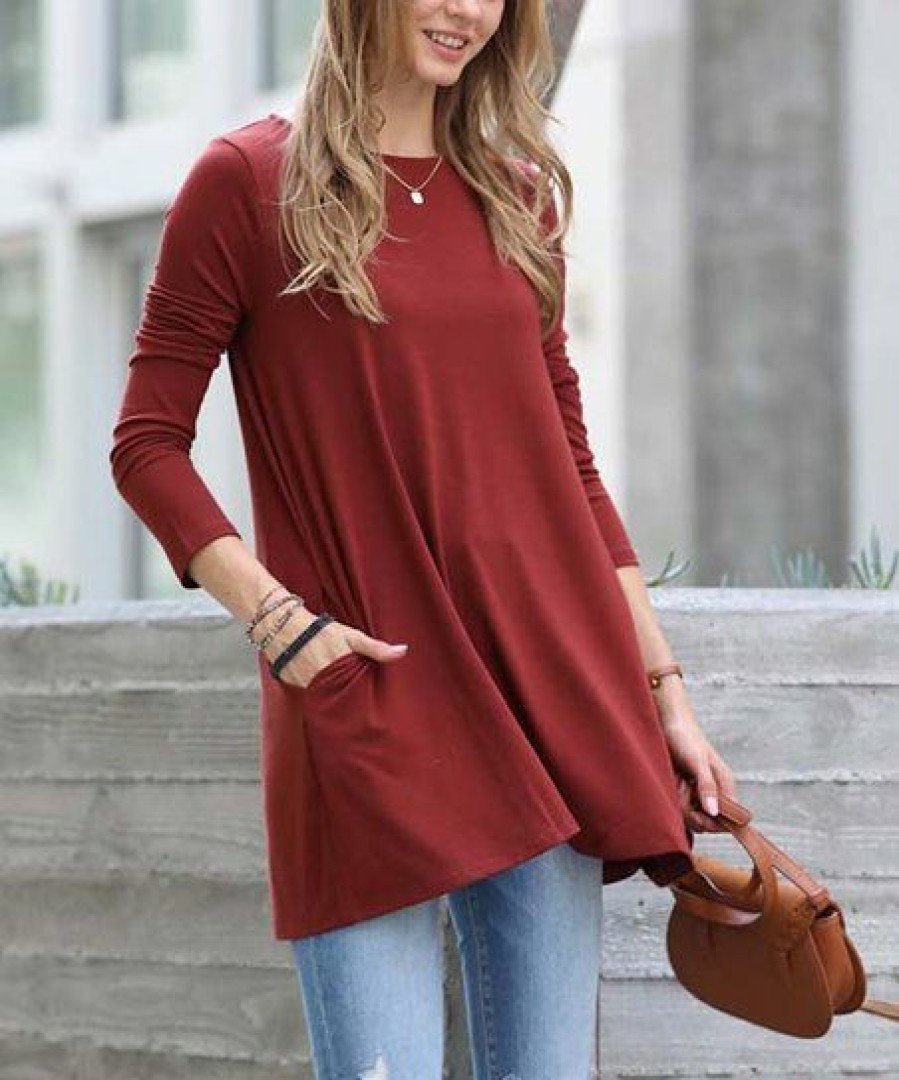 Other * | Brand New 42Pops Dark Rust Boatneck Long-Sleeve Pocket Tunic Women