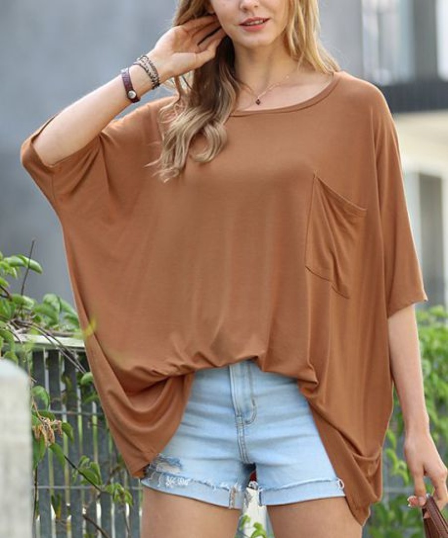 Women * | Best Deal 42Pops Deep Camel Scoop Neck Pocket Oversize Boyfriend Tee Women