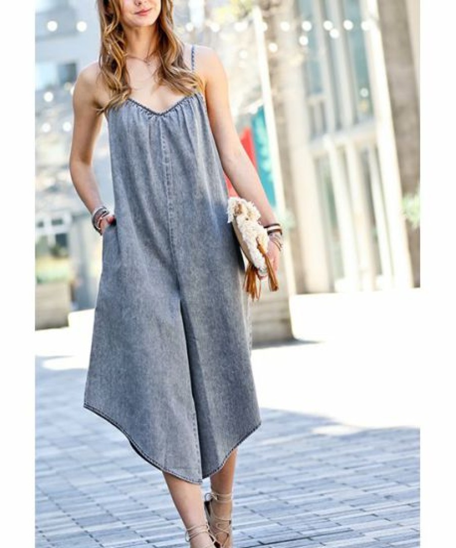 Women * | New 42Pops Denim Gray V-Neck Sleeveless Wide-Leg Crop Pocket Jumpsuit Women