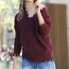 Women * | Budget 42Pops Dark Burgundy Distressed Drop-Shoulder V-Neck Oversize Sweater Women