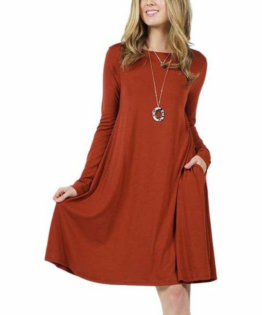 Women * | Flash Sale 42Pops Dark Rust Crewneck Long-Sleeve Pocket Shift Dress Women