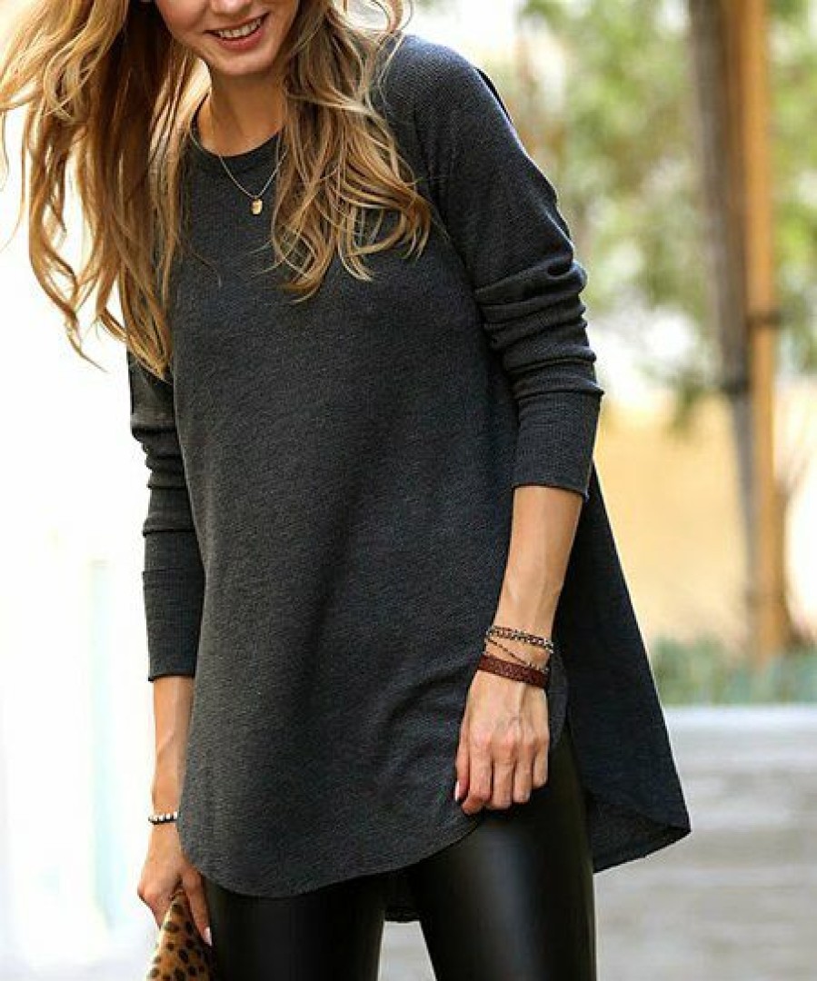 Women * | Buy 42Pops Black Waffle Crewneck Long-Sleeve Curved-Hem Hi-Low Tunic Women