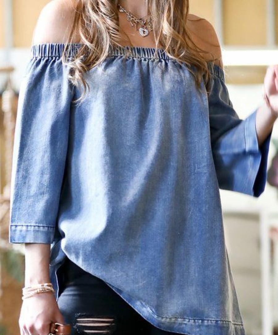 Other * | Coupon 42Pops Denim Blue Three-Quarter Sleeve Off-Shoulder Top Women