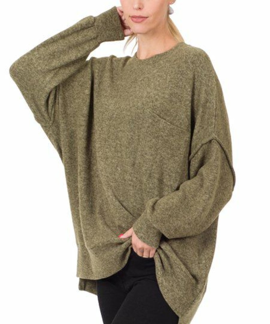 Women * | Hot Sale 42Pops Dark Olive Melange Drop-Shoulder Crewneck Sweater Women