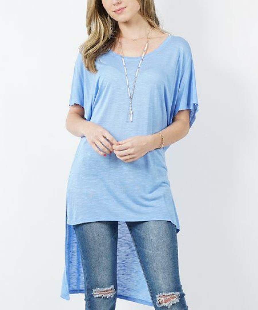 Women * | Cheap 42Pops Light Blue Side-Slit Short-Sleeve Hi-Low Tunic Women