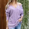 Women * | Promo 42Pops Dusty Lavender Distressed V-Neck Bishop-Sleeve Sweater Women