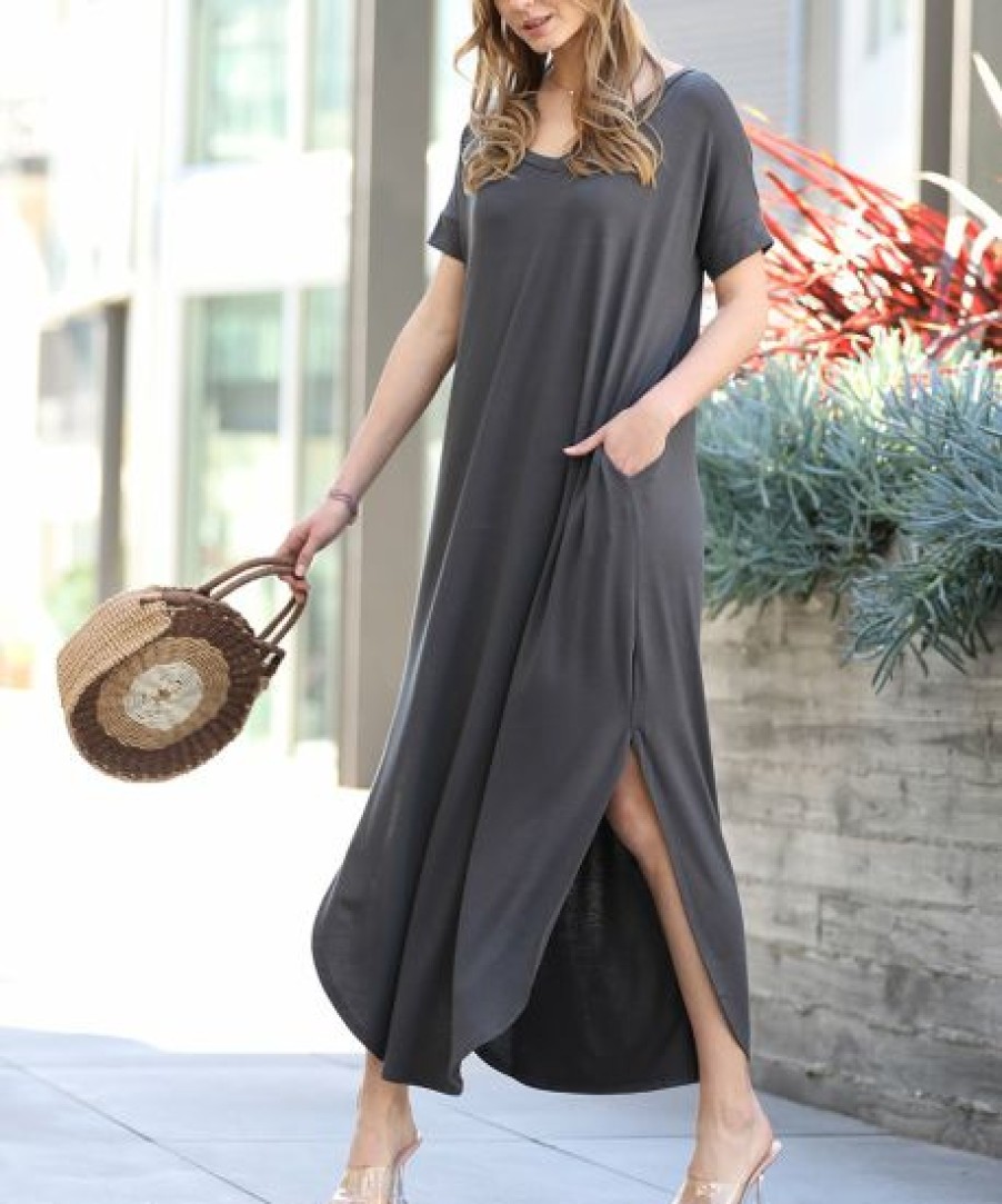 Women * | Promo 42Pops Ash Gray Side-Slit V-Neck Short-Sleeve Pocket Maxi Dress