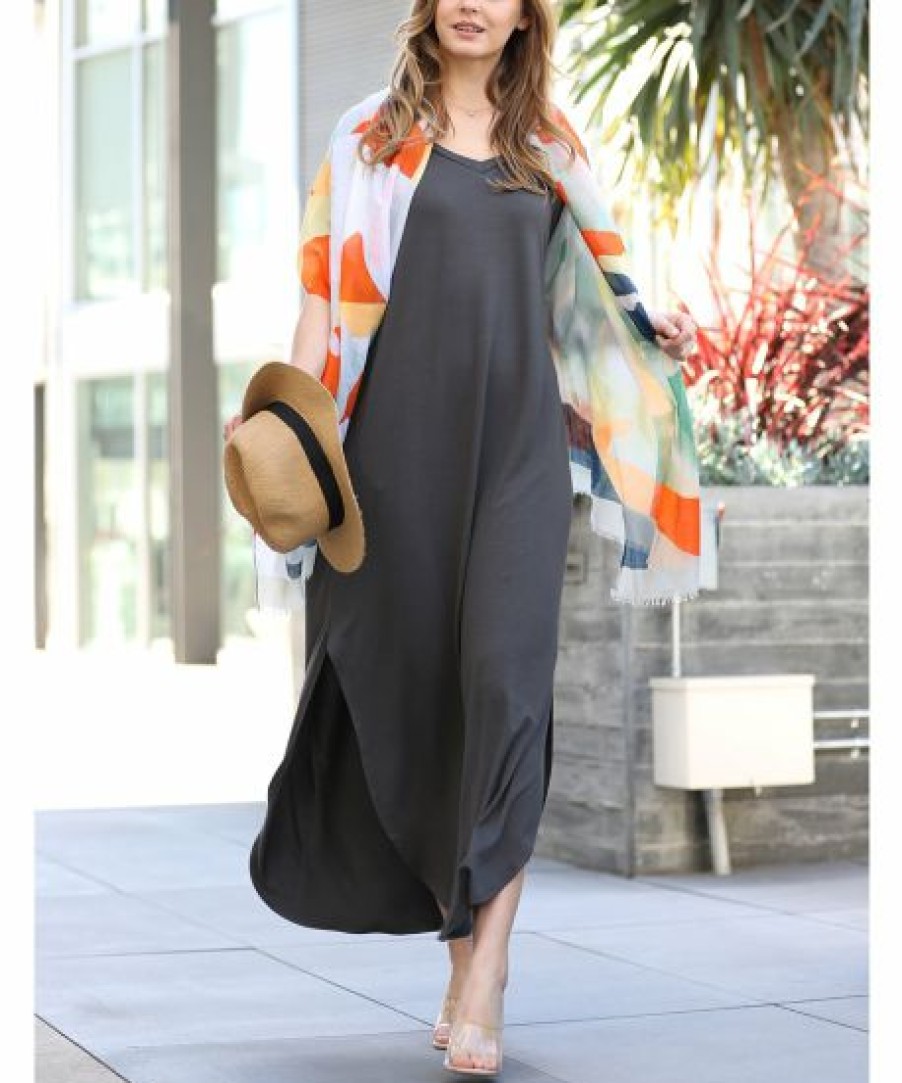 Women * | Promo 42Pops Ash Gray Side-Slit V-Neck Short-Sleeve Pocket Maxi Dress