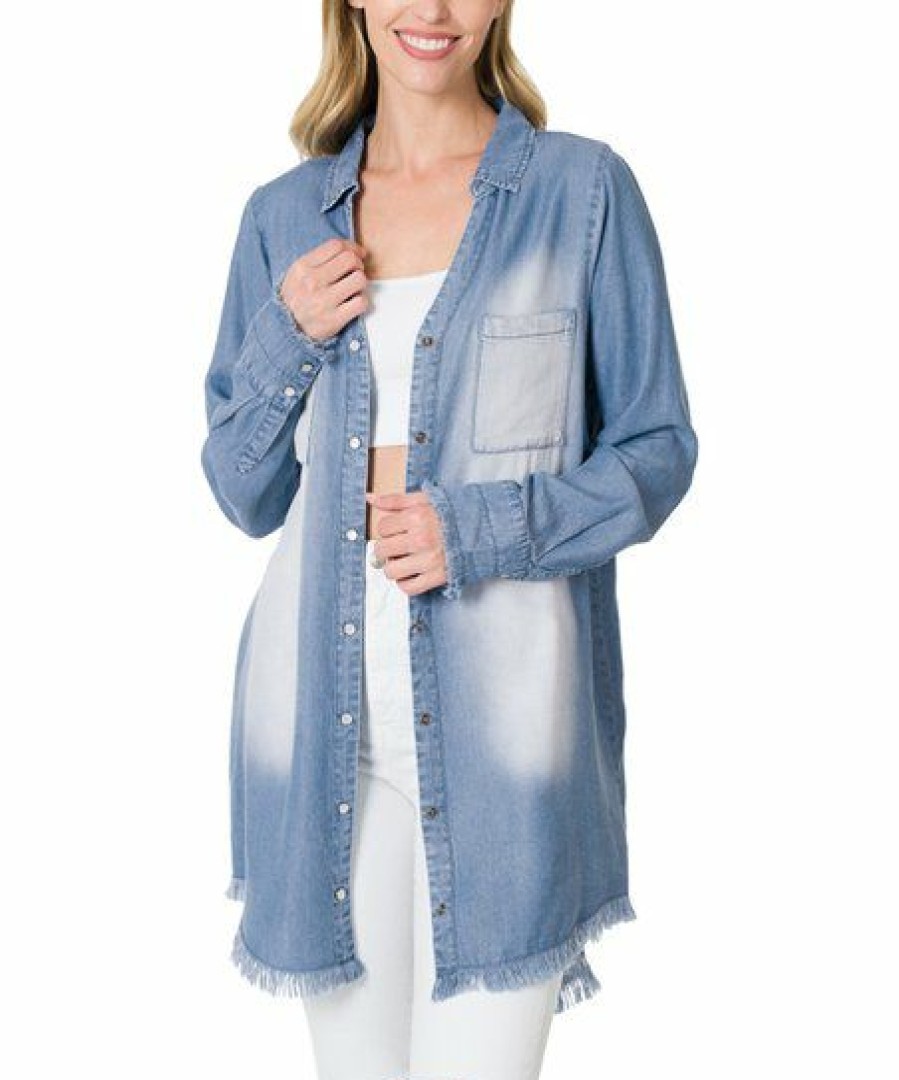 Women * | Best Deal 42Pops Medium Blue Chambray Raw-Hem Longline Button-Up Women