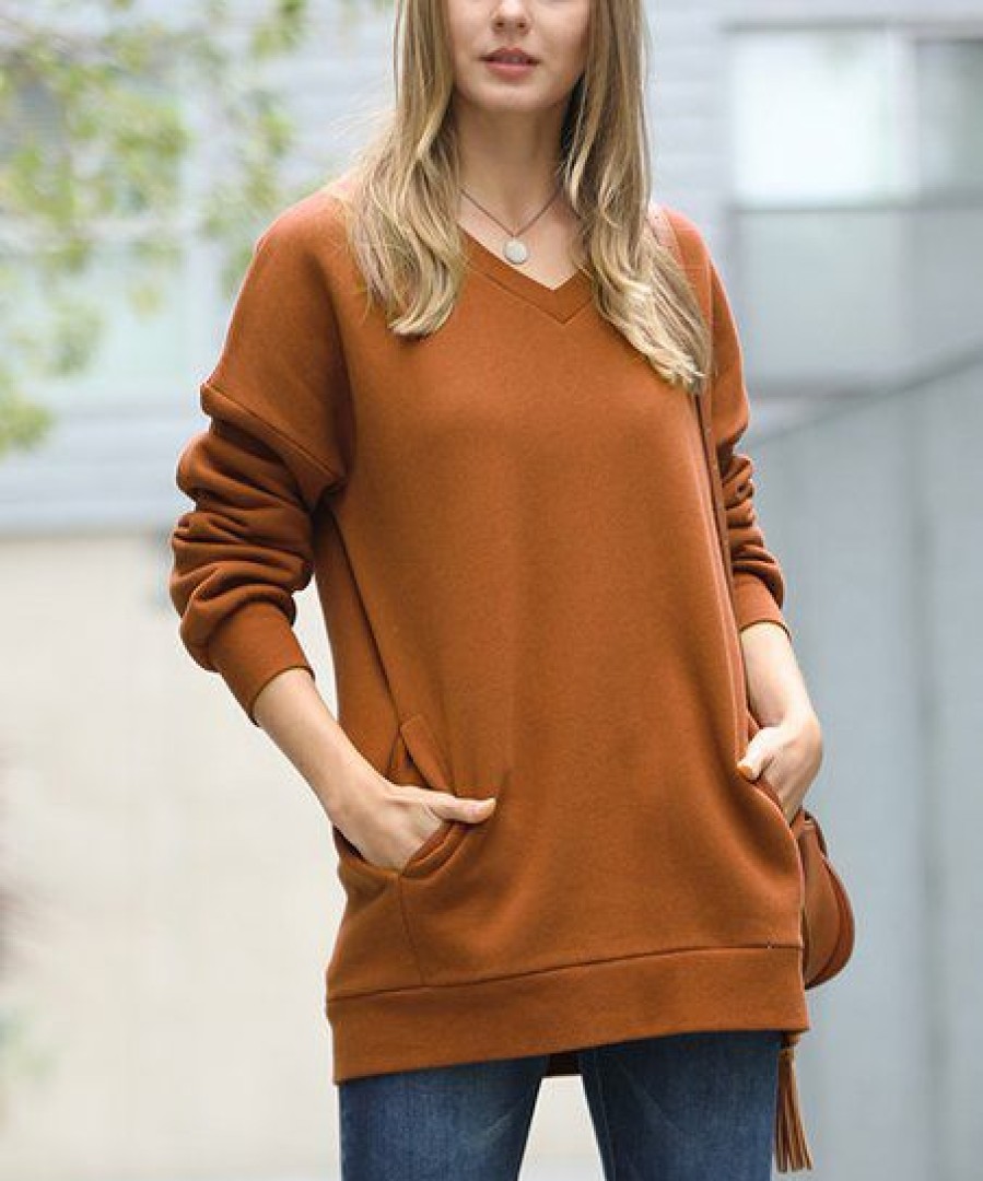 Women * | Top 10 42Pops Almond V-Neck Long-Sleeve Pocket Sweatshirt Women