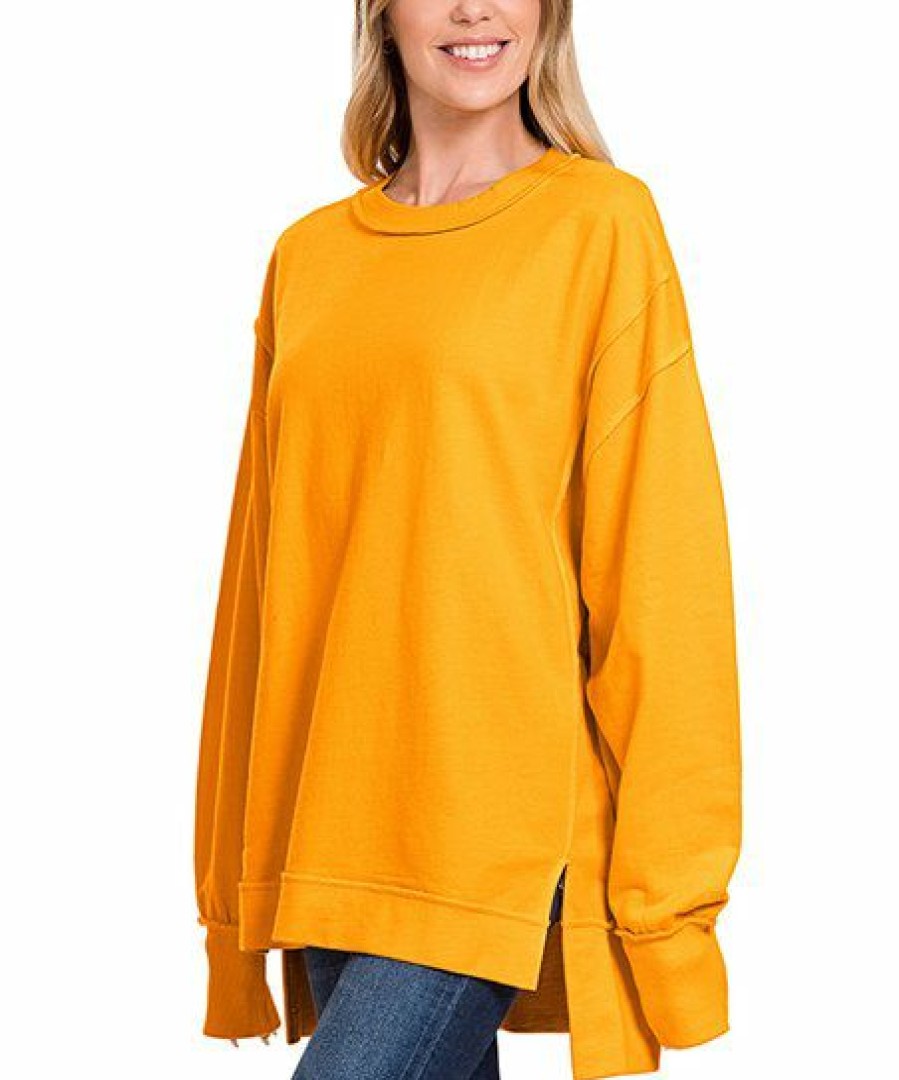 Women * | Outlet 42Pops Yellow Gold Exposed-Seam Crewneck Long-Sleeve Hi-Low Sweatshirt Women