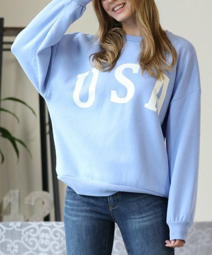 Women * | Buy 42Pops Spring Blue & Ivory 'Usa' Relaxed-Fit Crewneck Sweatshirt Women