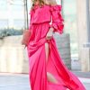 Women * | Promo 42Pops Fuchsia Side-Slit Ruffle-Sleeve Off-Shoulder Maxi Dress Women