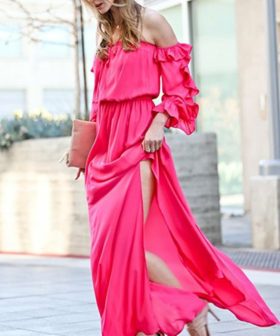 Women * | Promo 42Pops Fuchsia Side-Slit Ruffle-Sleeve Off-Shoulder Maxi Dress Women