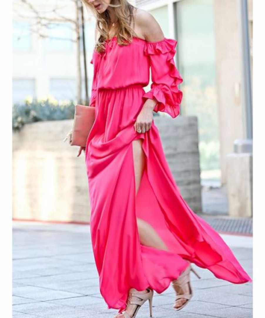 Women * | Promo 42Pops Fuchsia Side-Slit Ruffle-Sleeve Off-Shoulder Maxi Dress Women